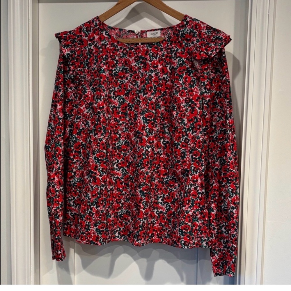 J. Crew Vibrant Red and Black Floral Blouse